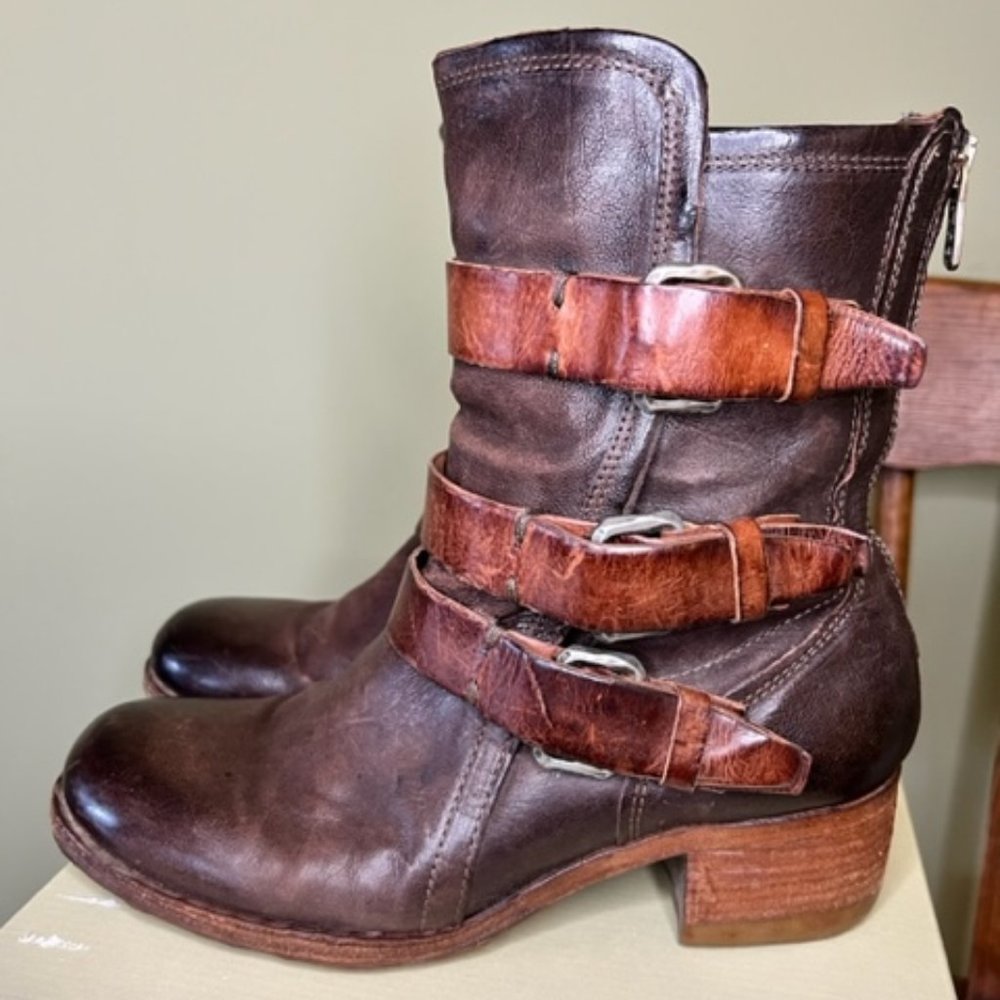 A.S. 98 Brown Leather Triple Buckle Strap Rear Zipper Boots, size EU 40